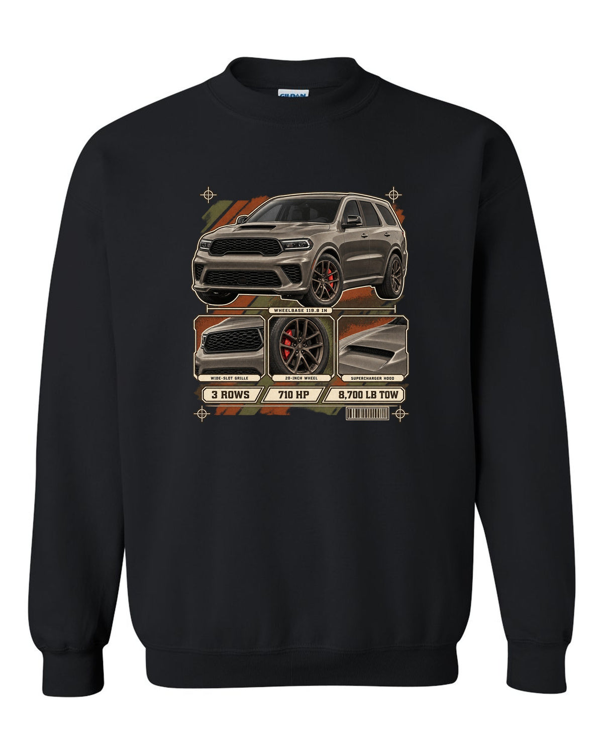 print of a 2021 Dodge Durango SRT Hellcat with spec dossier panels black crewneck front view with the design