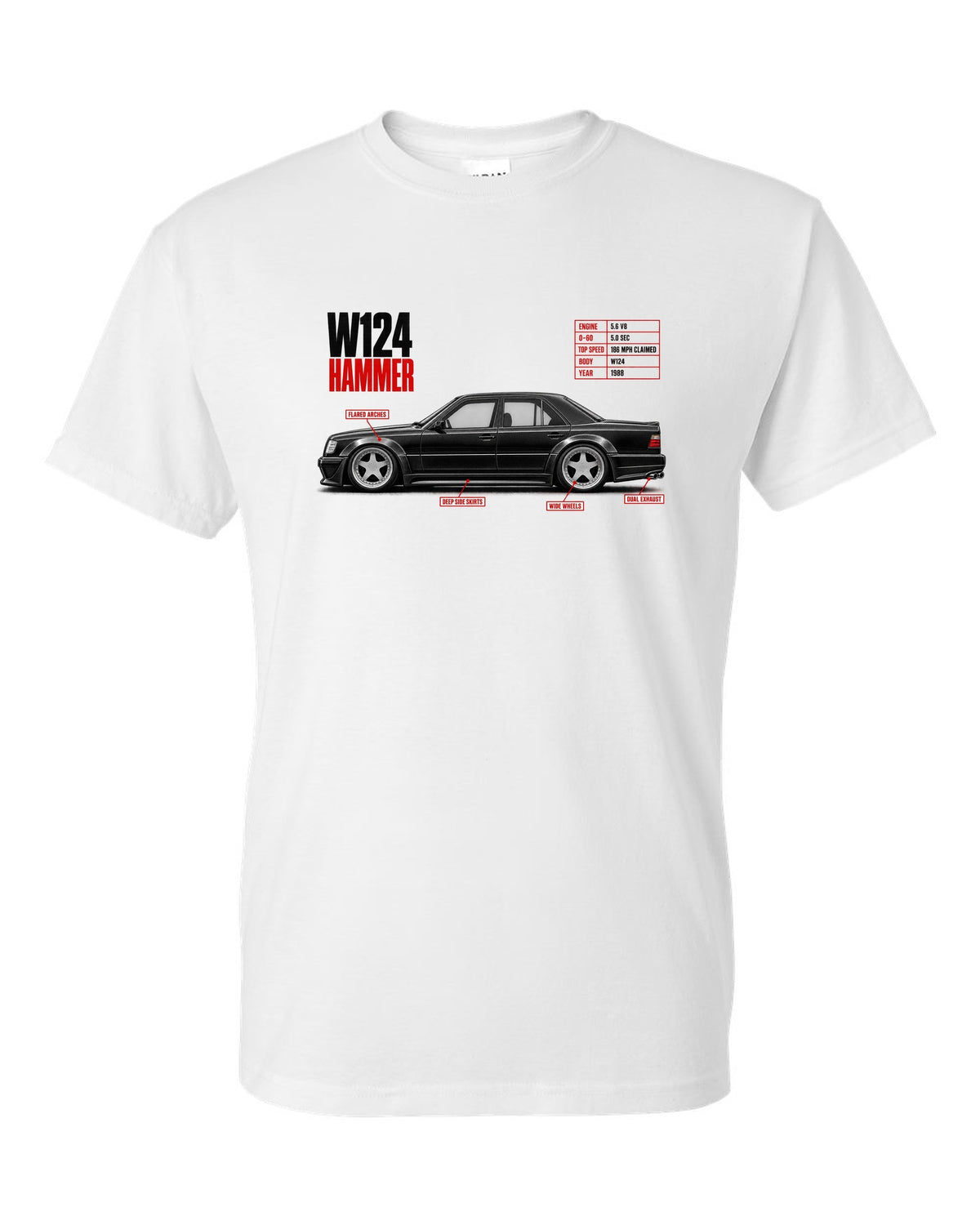 print spec poster of a Mercedes W124 Hammer with text 0-60 5.0 sec, 5.6 V8, 1988 white t-shirt front view with the design