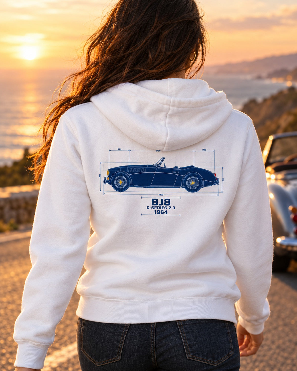 Austin-Healey 3000 Mk III BJ8 Blueprint Tee, Big Healey Zip Hoodie White worn hero