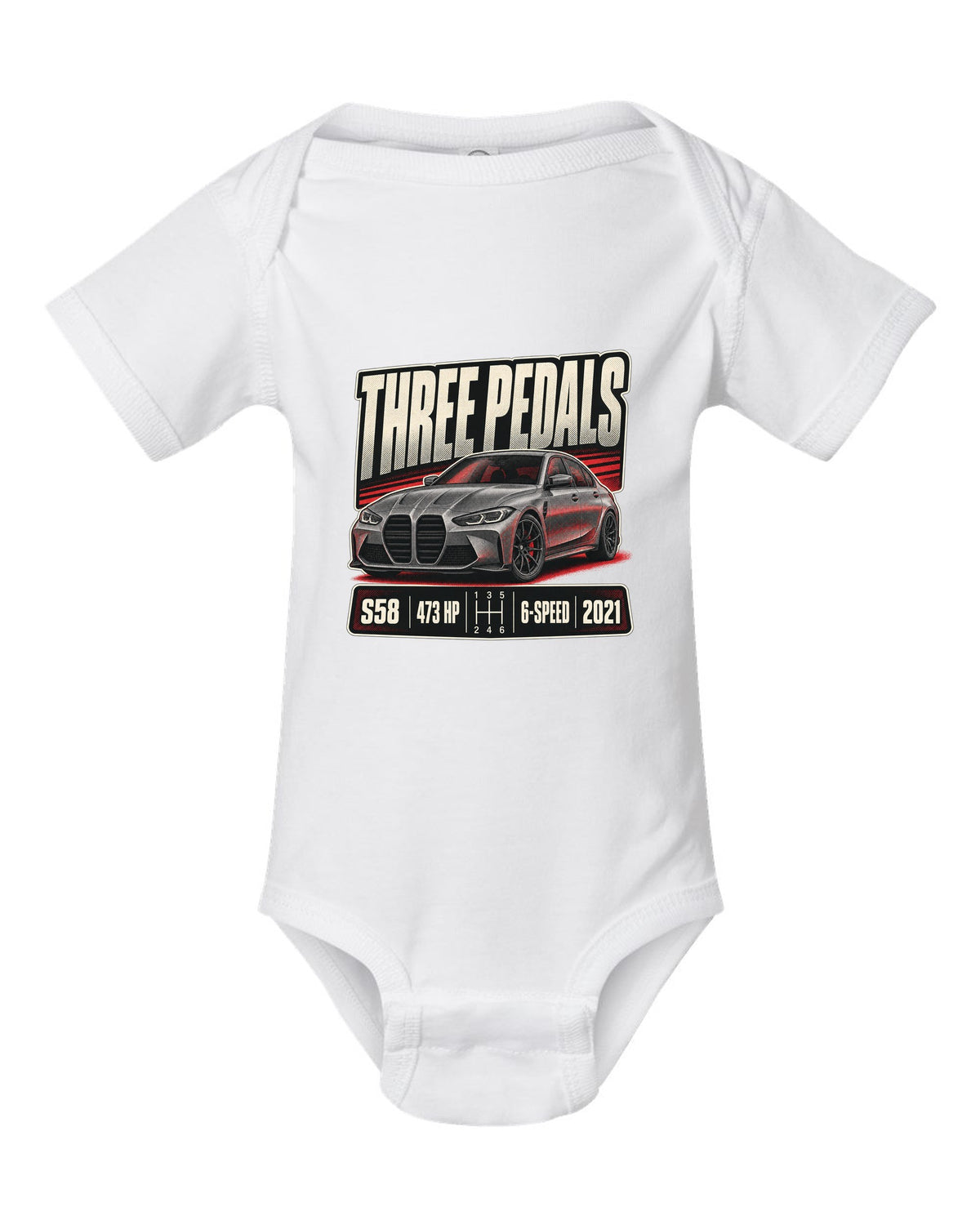 BMW M3 G80 six-speed manual halftone print with three pedals text white baby onesie front view with the design