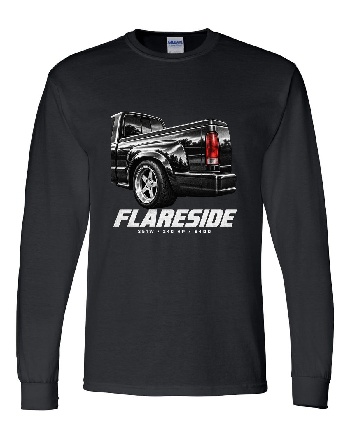 Ford F-150 SVT Lightning 1993-95 flareside taillight macro print with 351W and 240 HP black long sleeve front view with the design