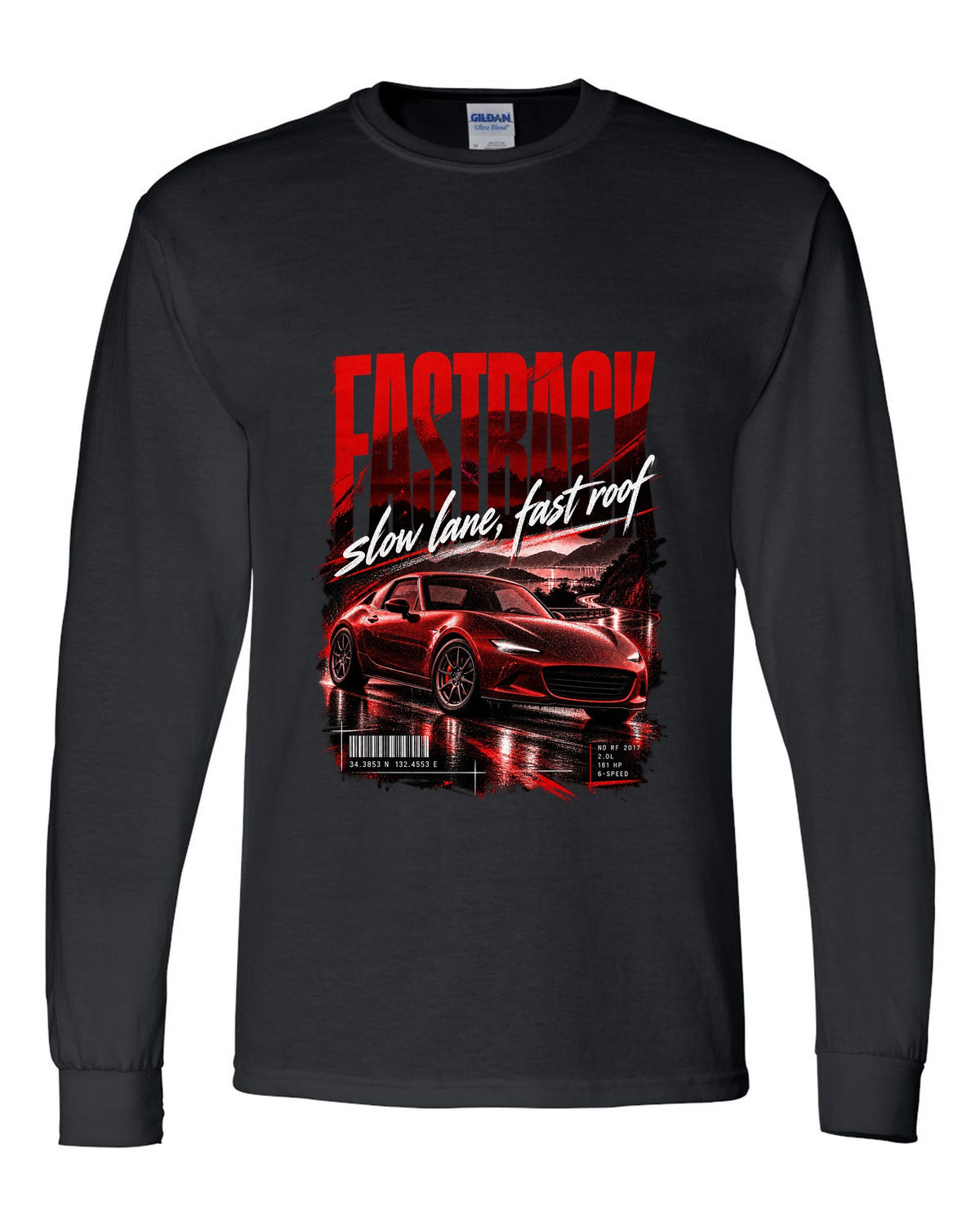 Street poster print for the 2017 Mazda MX-5 ND RF reading fastback, slow lane, fast roof black long sleeve front view with the design