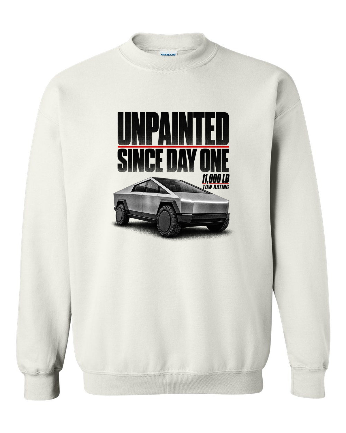 Halftone Tesla Cybertruck 2023 with unpainted since day one and 11,000 lb tow rating text white crewneck front view with the design