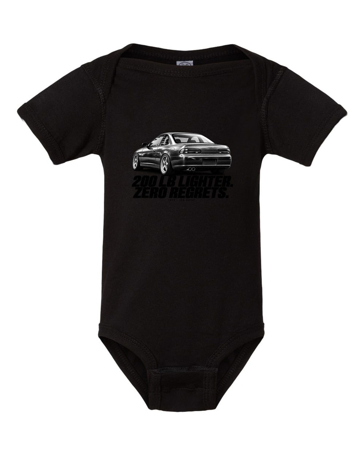 BMW E36 M3 Lightweight 1995 halftone print with 200 lb lighter and 126 built text black baby onesie front view with the design