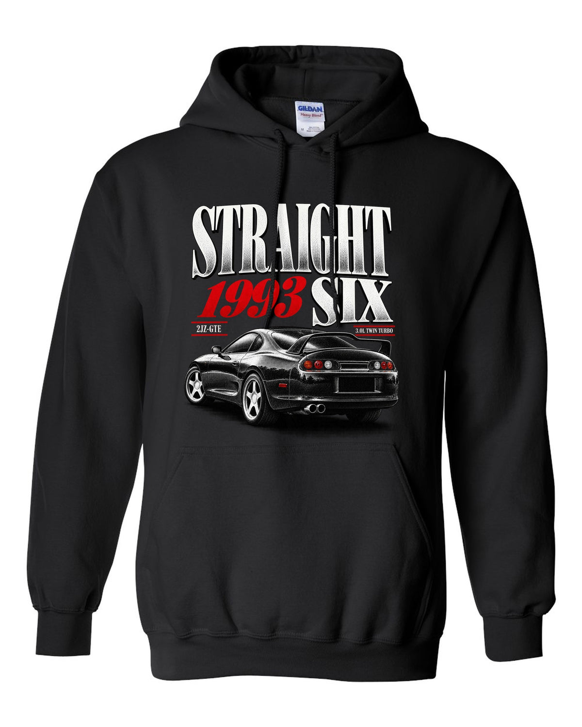 print of a Toyota Supra A80 JZA80 with straight six editorial headline and 2JZ-GTE twin turbo text black pull over hoodie front view with the design