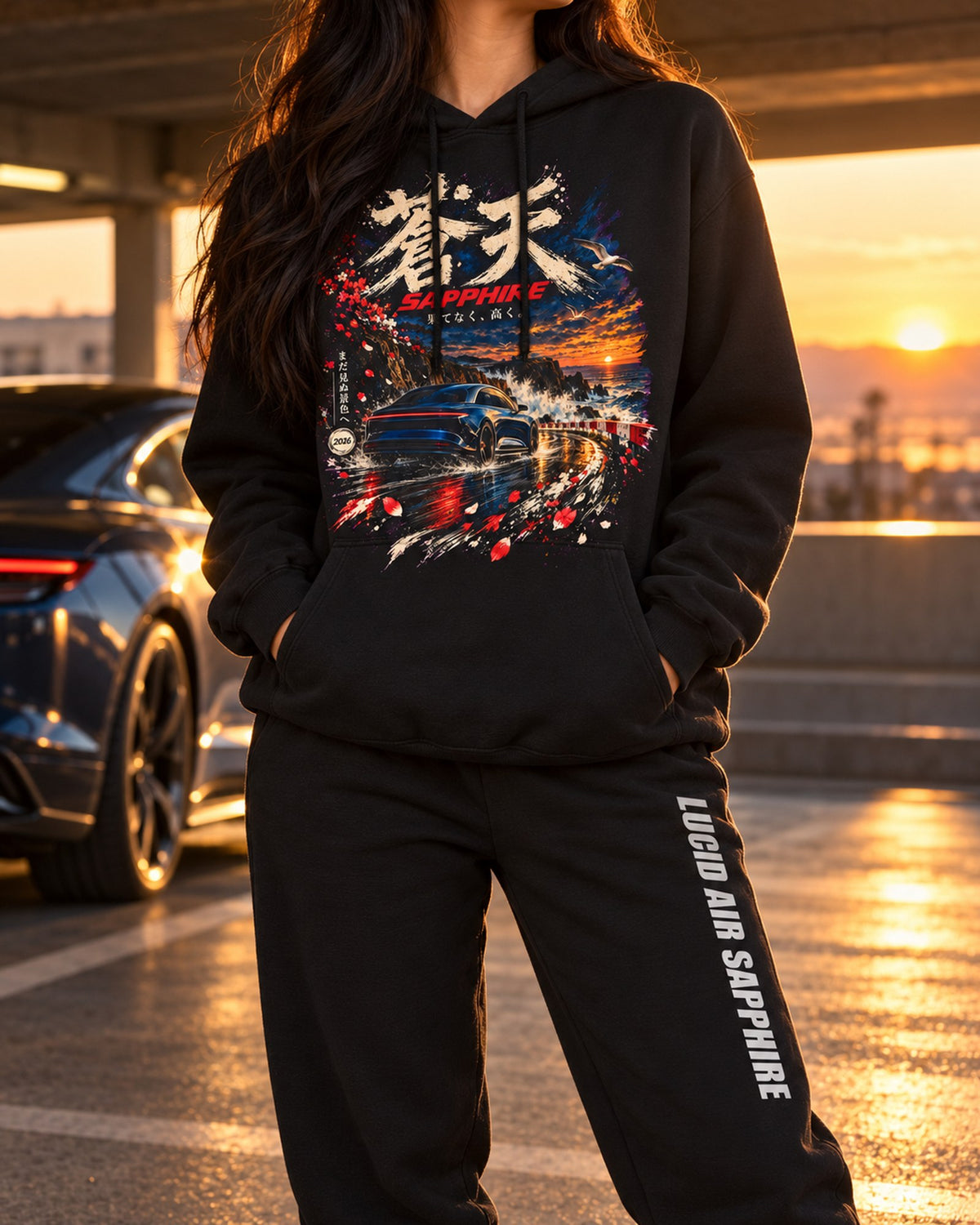 Lucid AIR Sapphire Dream Car Hoodie + Jogger Set Black worn hero