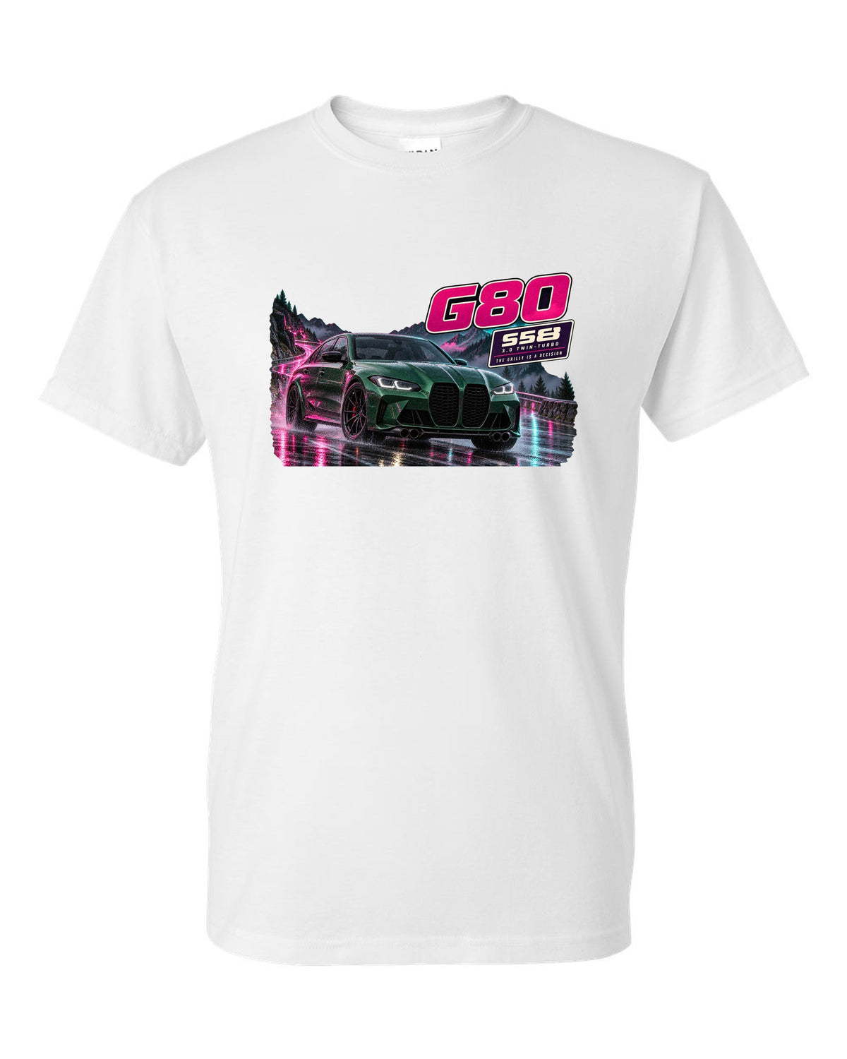 Touge night street print of an Isle of Man green BMW M3 Competition G80 white t-shirt front view with the design