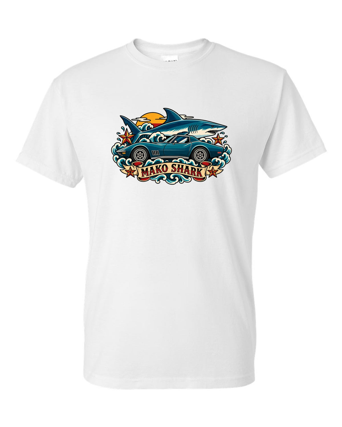 Retro tattoo flash print of a 1968 Chevrolet Corvette C3 Stingray with Mako Shark lettering white t-shirt front view with the design