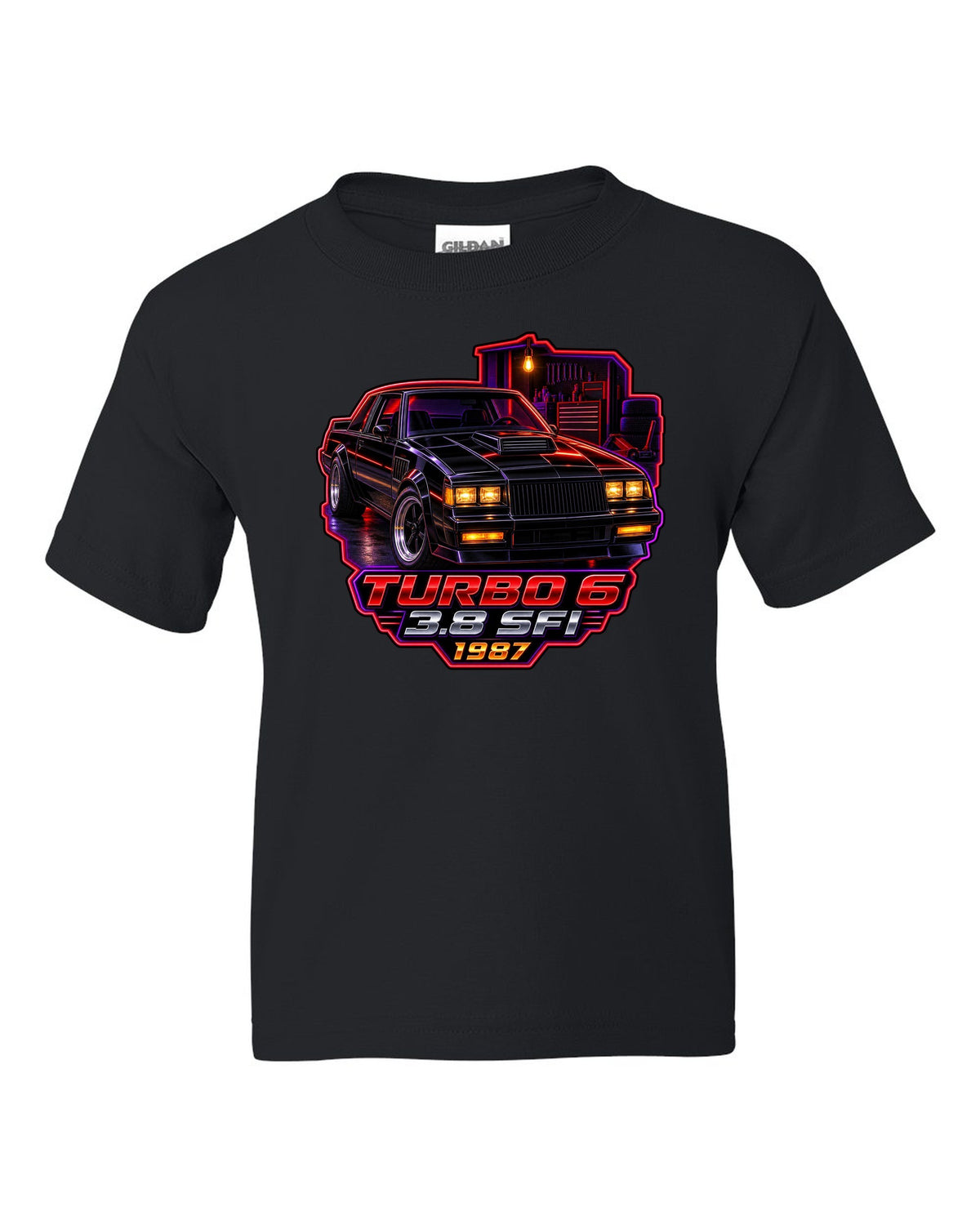 1987 Buick Regal turbo coupe in a neon-lit night garage black kids tee front view with the design