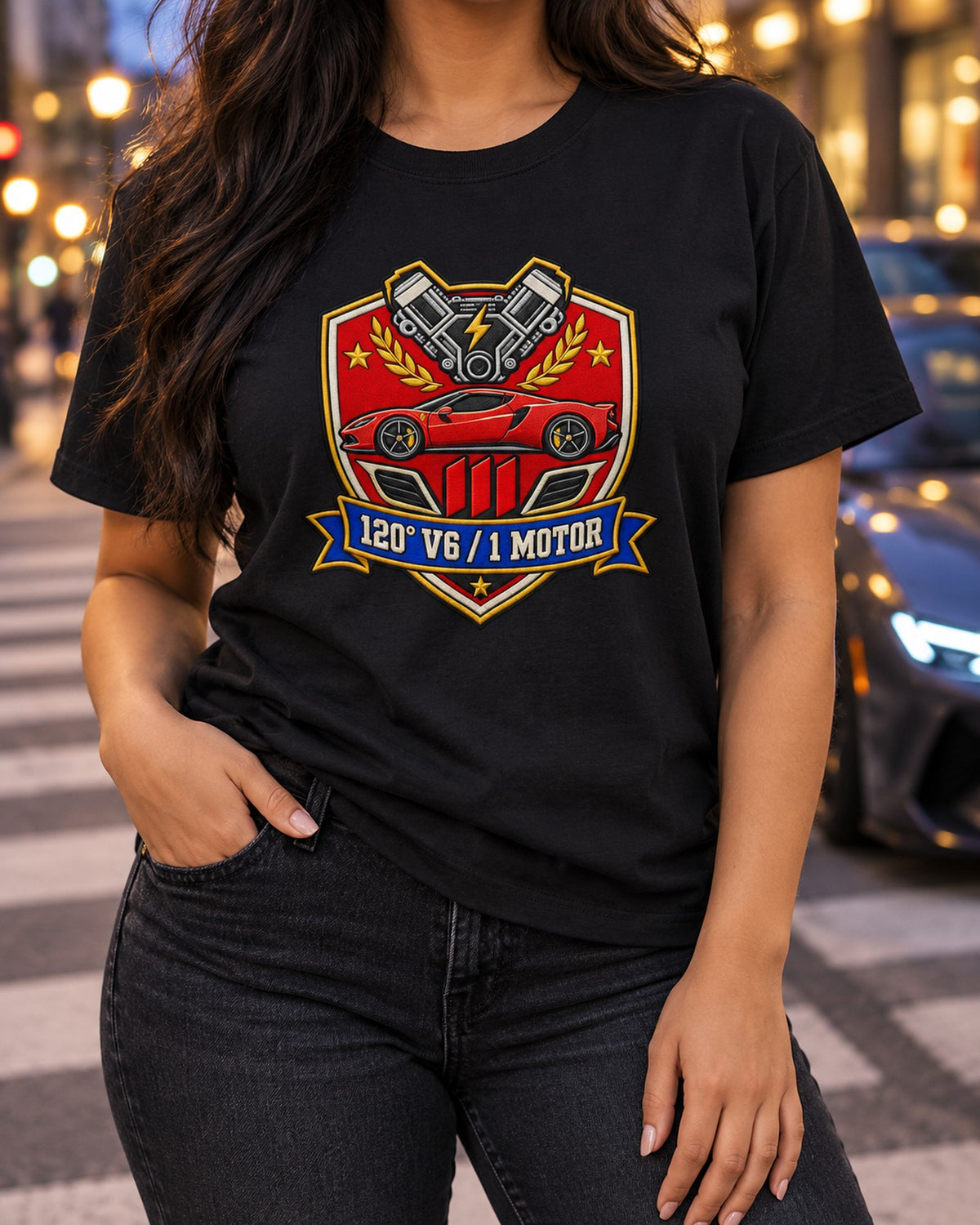 Ferrari 296 GTB F171 Hybrid V6 Shield Graphic Tee T-Shirt Black worn hero