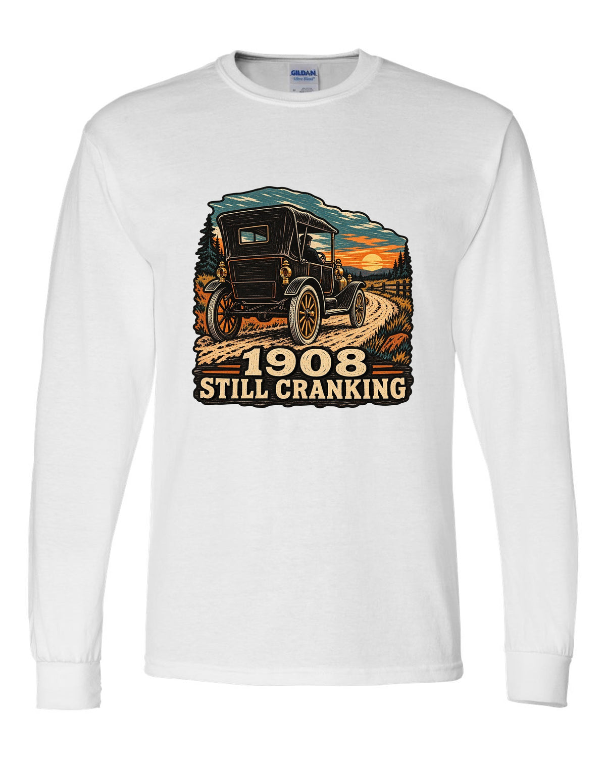 Multi-colour woodcut illustration of a Ford Model T Tin Lizzie with 1908 still cranking text white long sleeve front view with the design