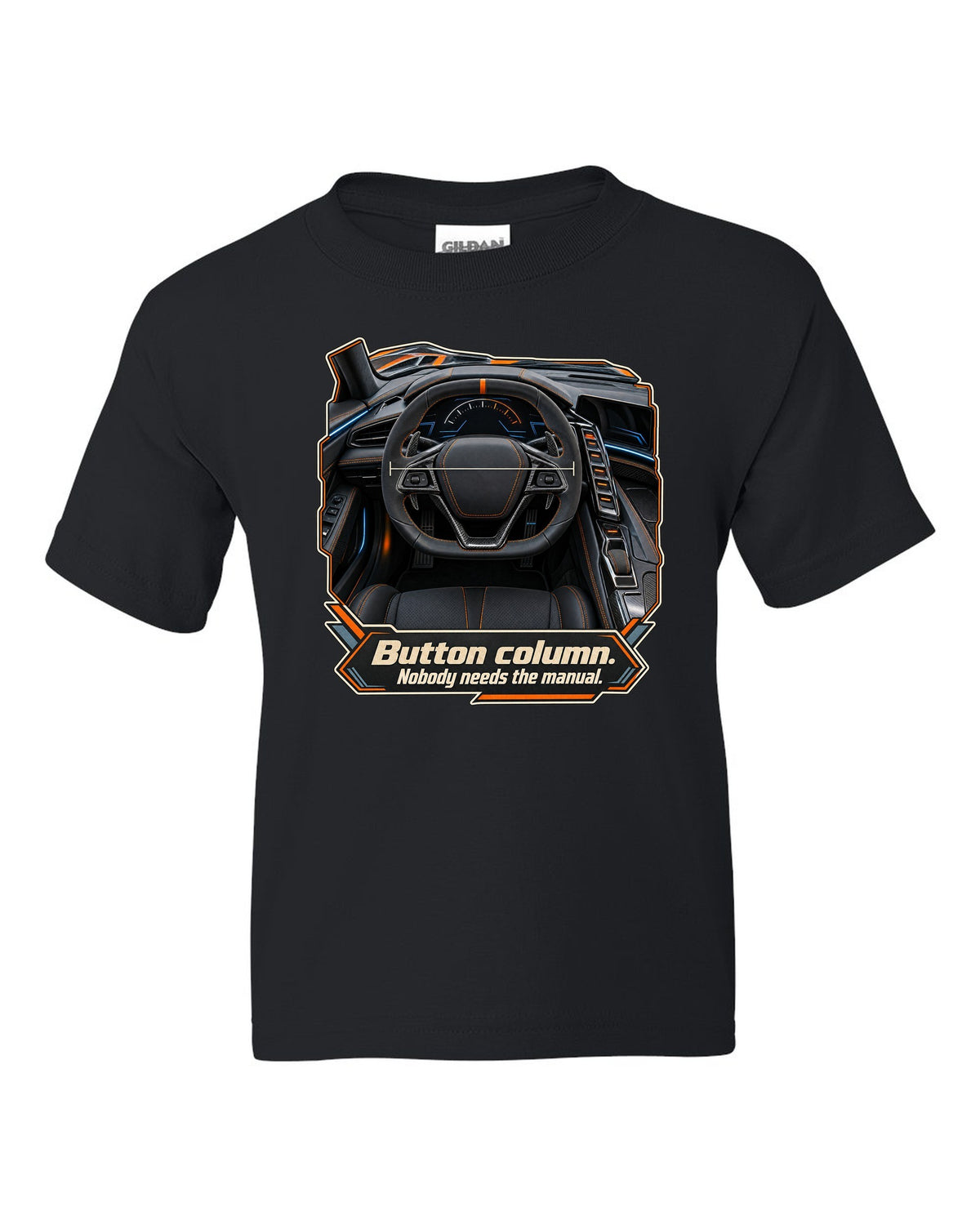 print of a Chevrolet Corvette C8 ZR1 cockpit with gauges and button column text black kids tee front view with the design