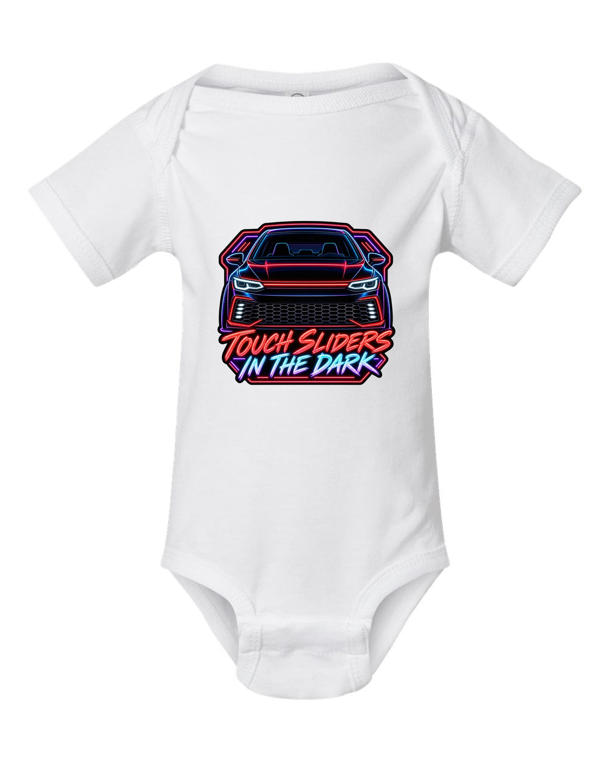 Neon sign line art of a VW Golf Mk8 GTI with touch sliders in the dark text white baby onesie front view with the design