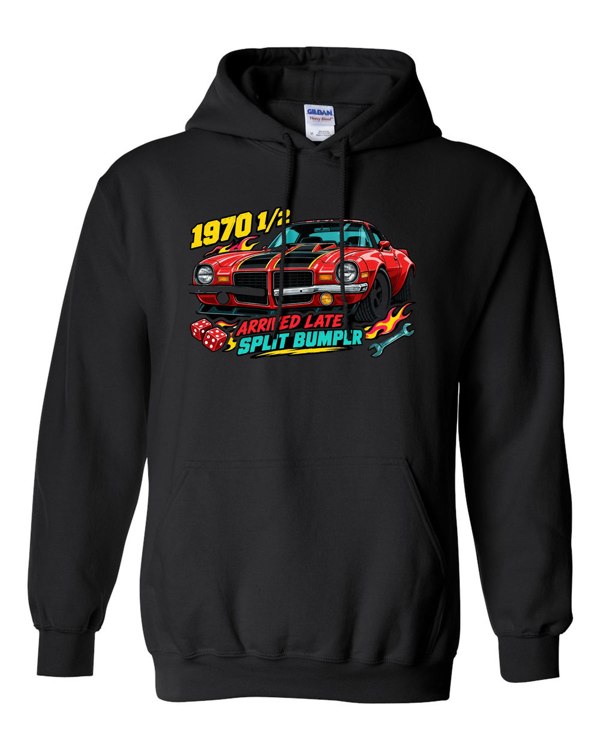 1970 Chevrolet Camaro Z28 split bumper sticker-bomb collage print reading 1970 1/2 Arrived Late black pull over hoodie front view with the design