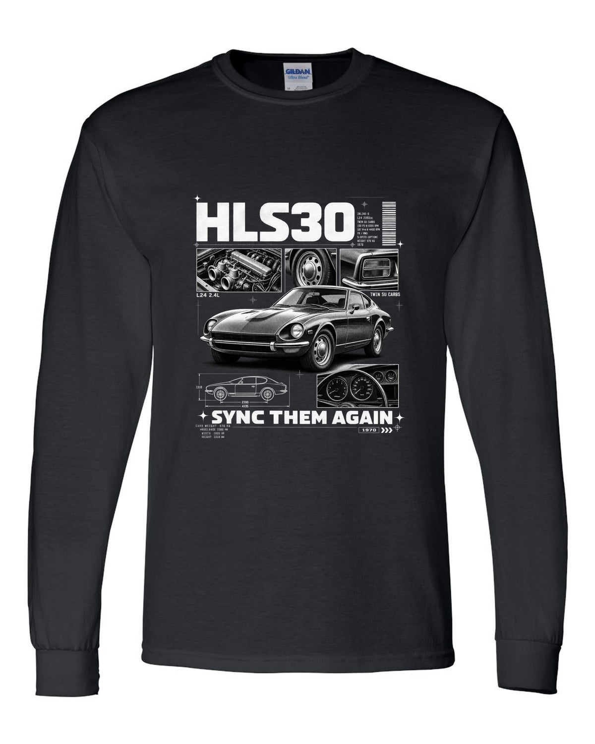 Dossier panel print of a 1970 Datsun 240Z HLS30 with L24 and twin SU carbs text black long sleeve front view with the design
