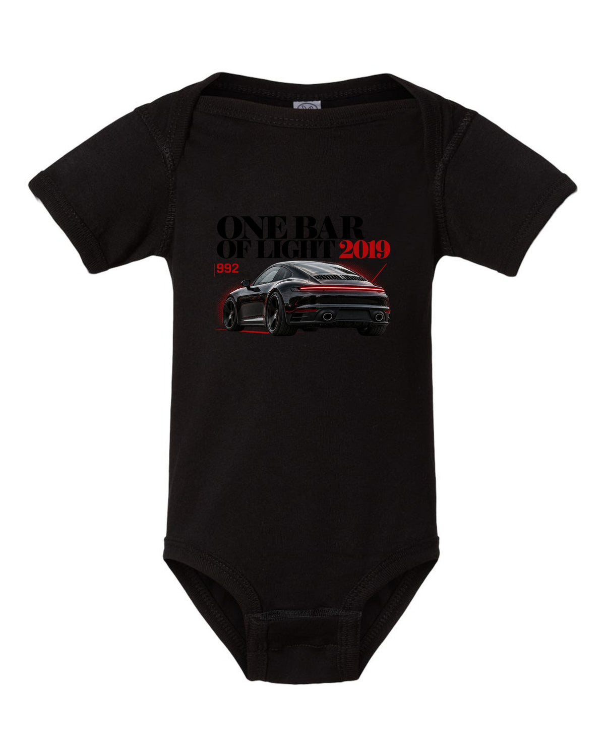 Editorial headline print of a Porsche 911 Carrera S 992 with One Bar Of Light caption black baby onesie front view with the design