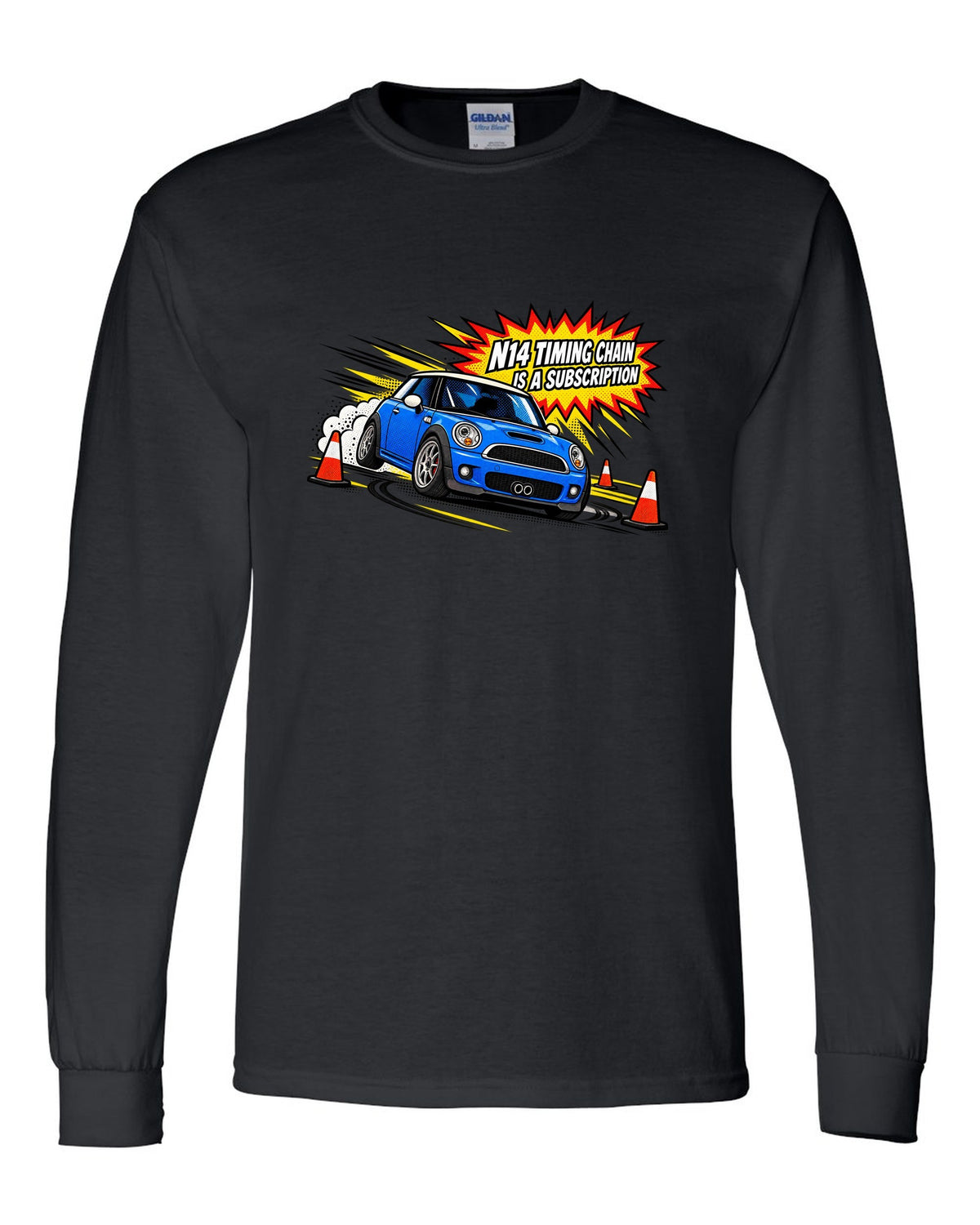 Comic halftone pop-art Mini Cooper S R56 with N14 timing chain joke black long sleeve front view with the design