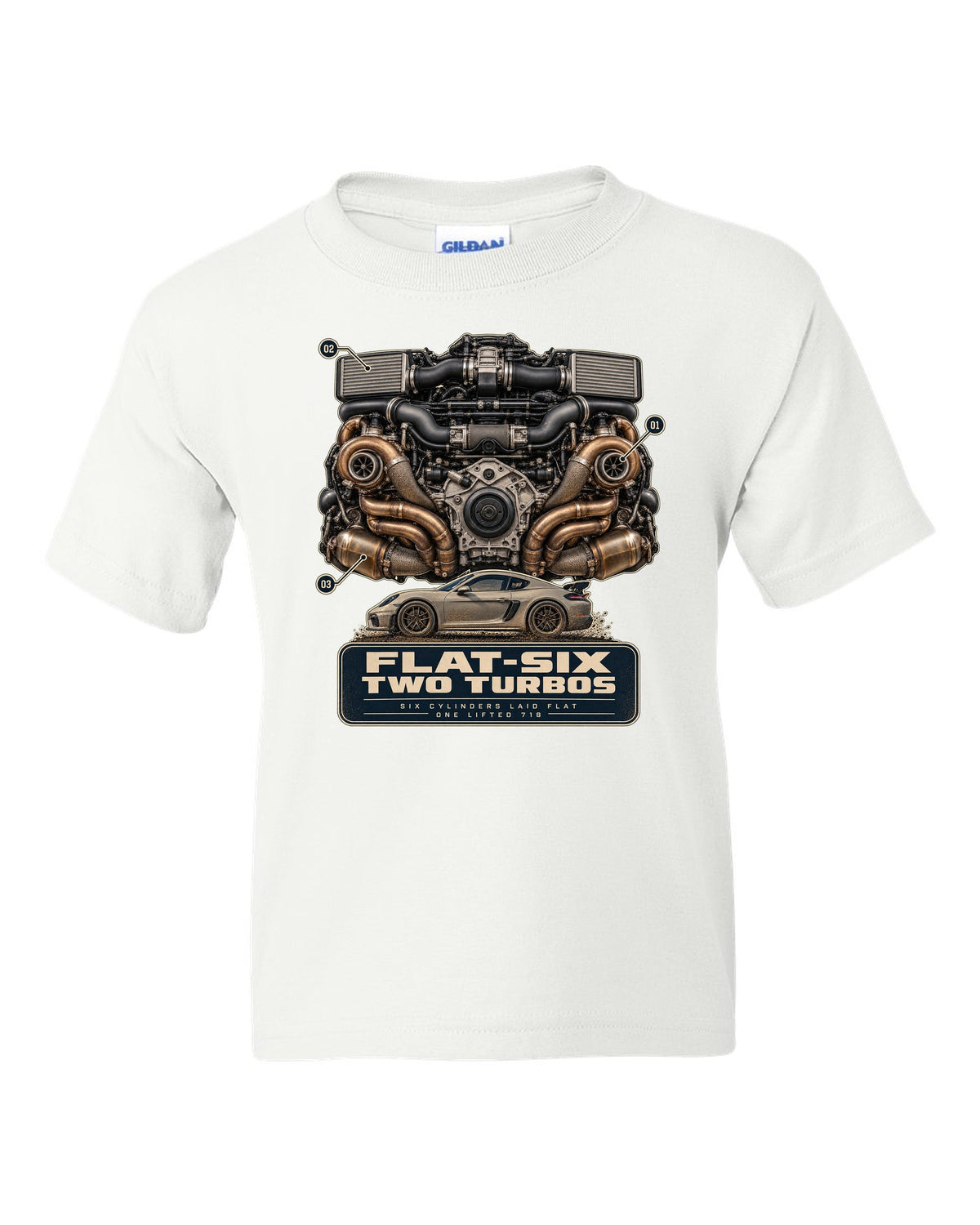 Engine hero print of a Porsche 911 Dakar 992 flat-six with two turbos white kids tee front view with the design