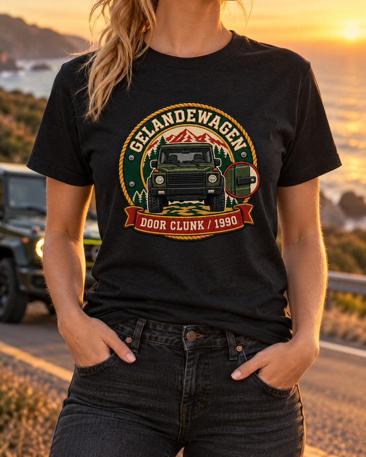 Mercedes G-Class W463 Door Clunk 1990 Boxy Shield Crest Tee T-Shirt Black worn hero