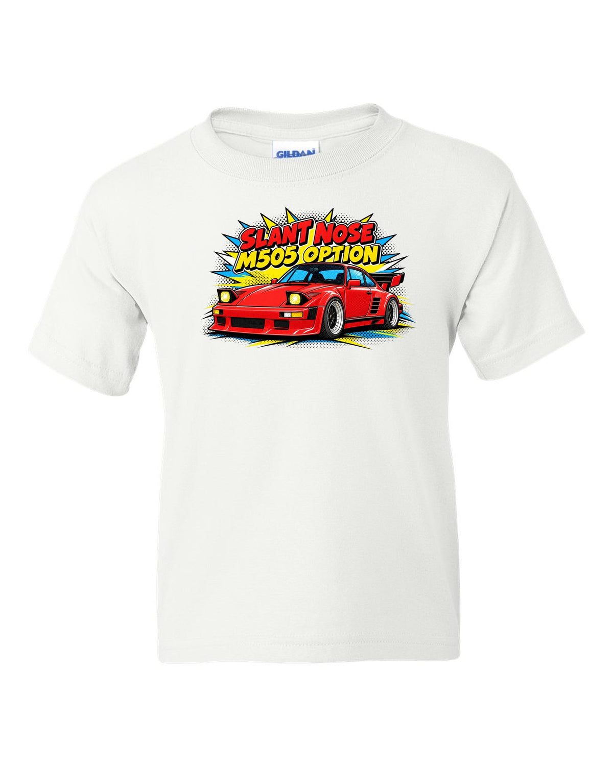 Porsche 930 Slant Nose pop-art halftone design with M505 option lettering white kids tee front view with the design