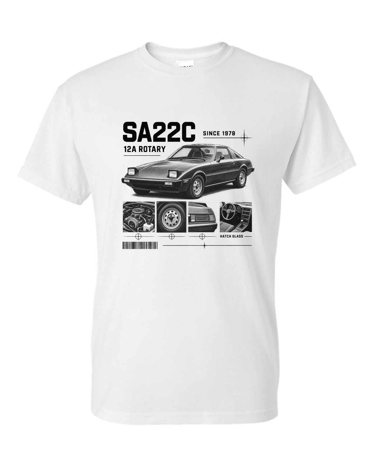 Dossier panel print of a Mazda RX-7 SA22C with 12A rotary lettering white t-shirt front view with the design