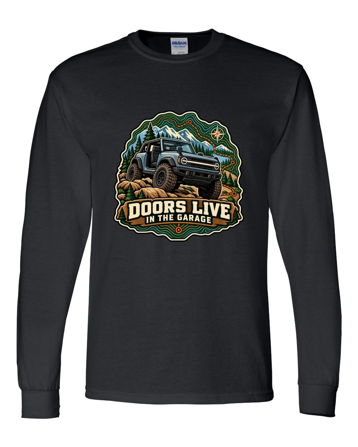 Ford Bronco U725 two-door on a topographic trail route map print black long sleeve front view with the design