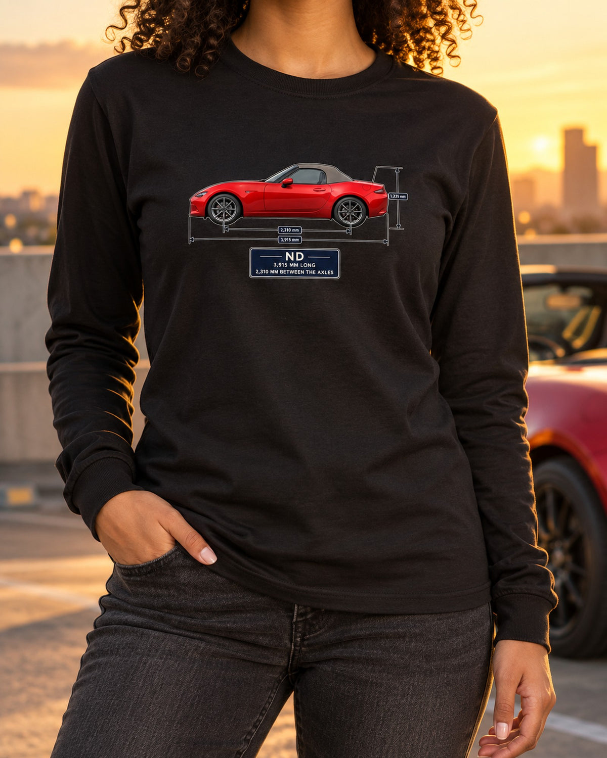 Mazda MX-5 ND1 Soft Top Dimension Blueprint Shirt, Miata Gift Long Sleeve Black worn hero