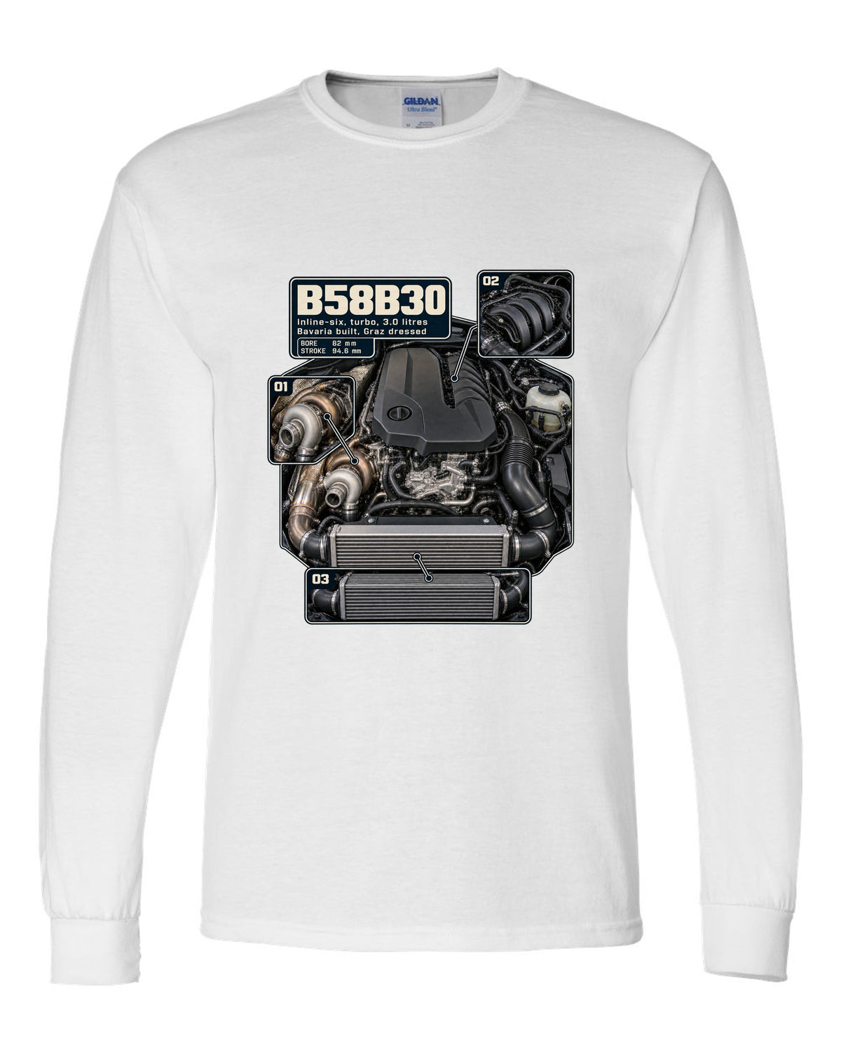Engine hero print of the BMW B58B30 inline-six from the Z4 M40i white long sleeve front view with the design