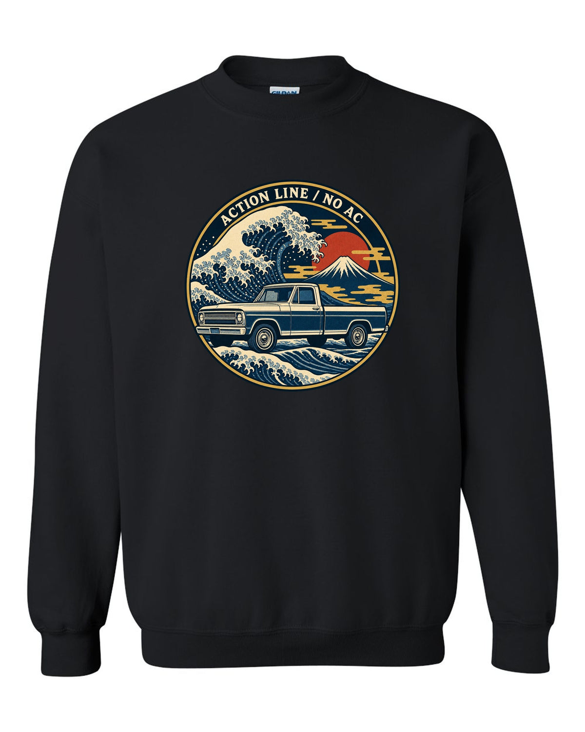 Ukiyo-e woodblock wave print of a 1967-72 Chevrolet C10 Action Line Fleetside with Action Line no AC lettering black crewneck front view with the design
