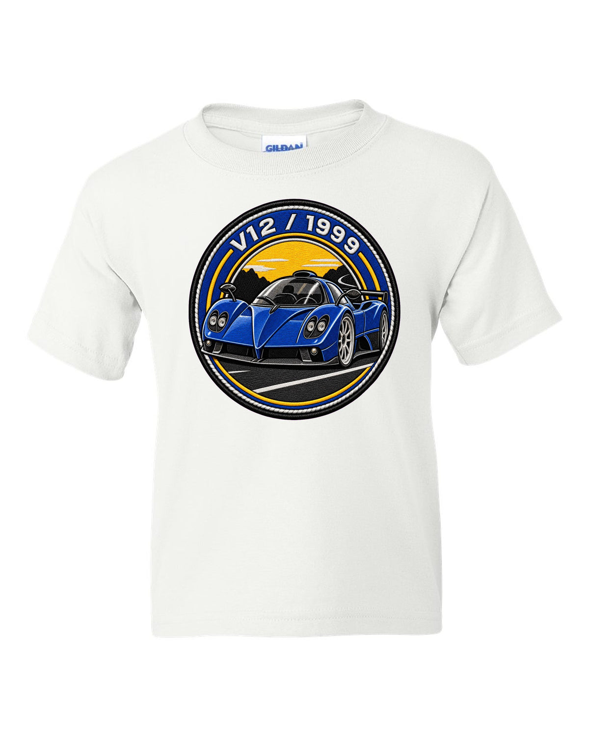 Varsity embroidery-style print for the 1999 Pagani Zonda C12 with V12 and 1999 lettering white kids tee front view with the design