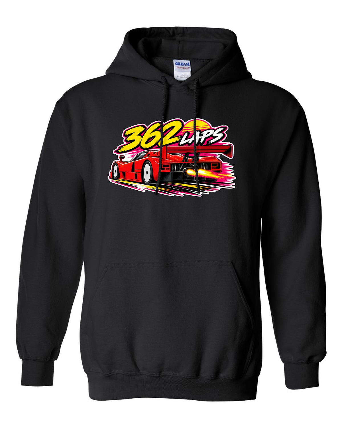 Retro 90s racing sticker-bomb collage for the Mazda 787B with 362 LAPS lettering black pull over hoodie front view with the design