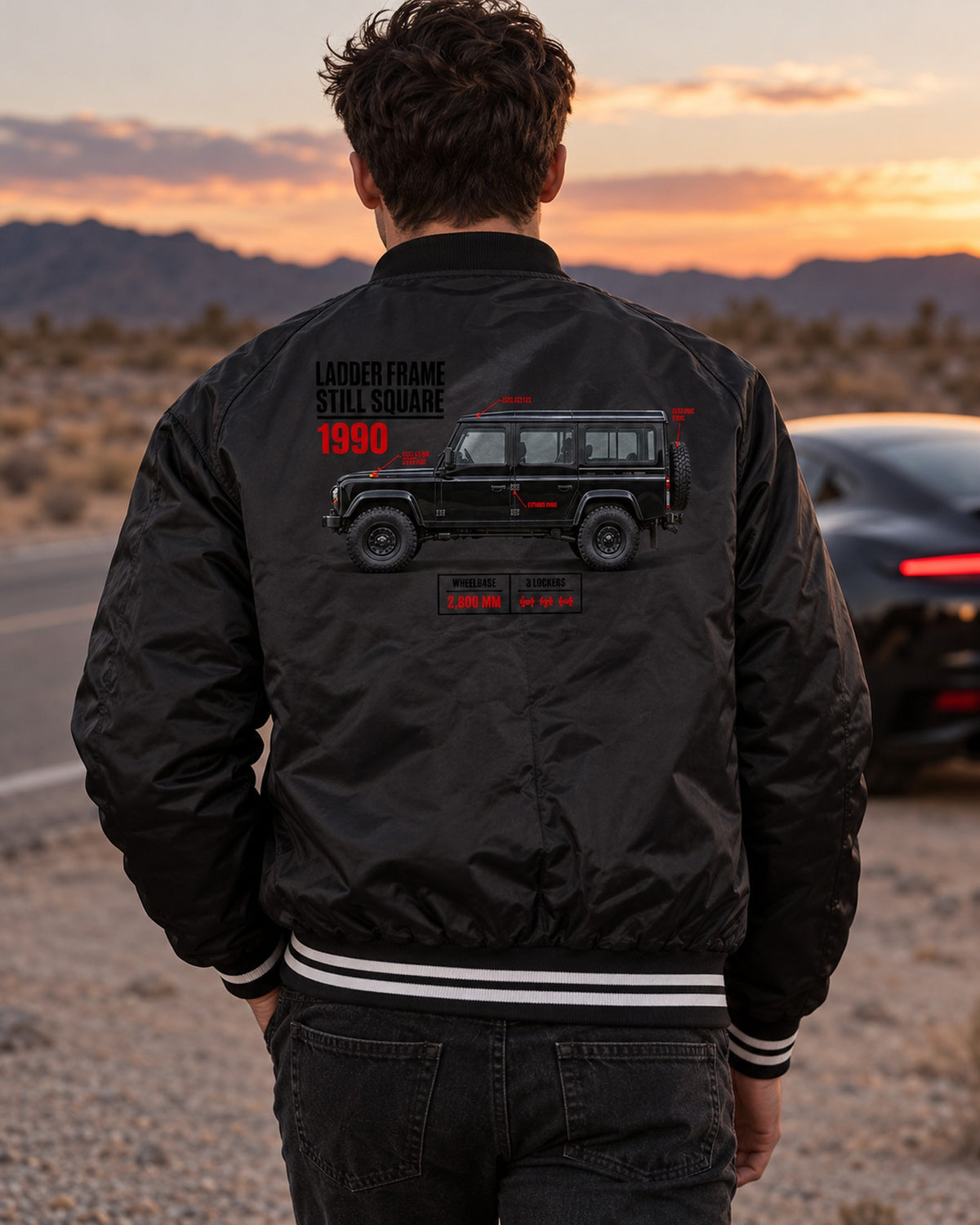 Mercedes G-Class W463 Spec Poster Shirt, Ladder Frame Tee Bomber Jacket Black worn hero