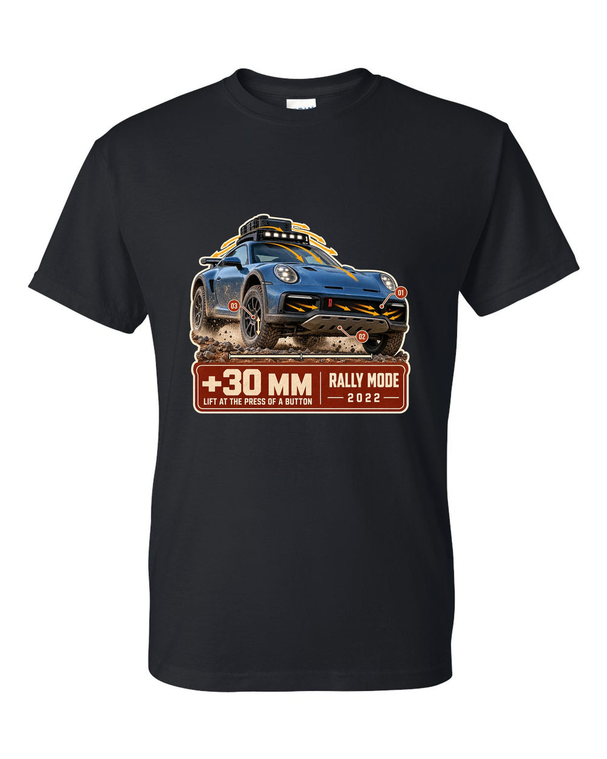 Aero callout print of a Porsche 911 Dakar 992 showing the lift feature black t-shirt front view with the design