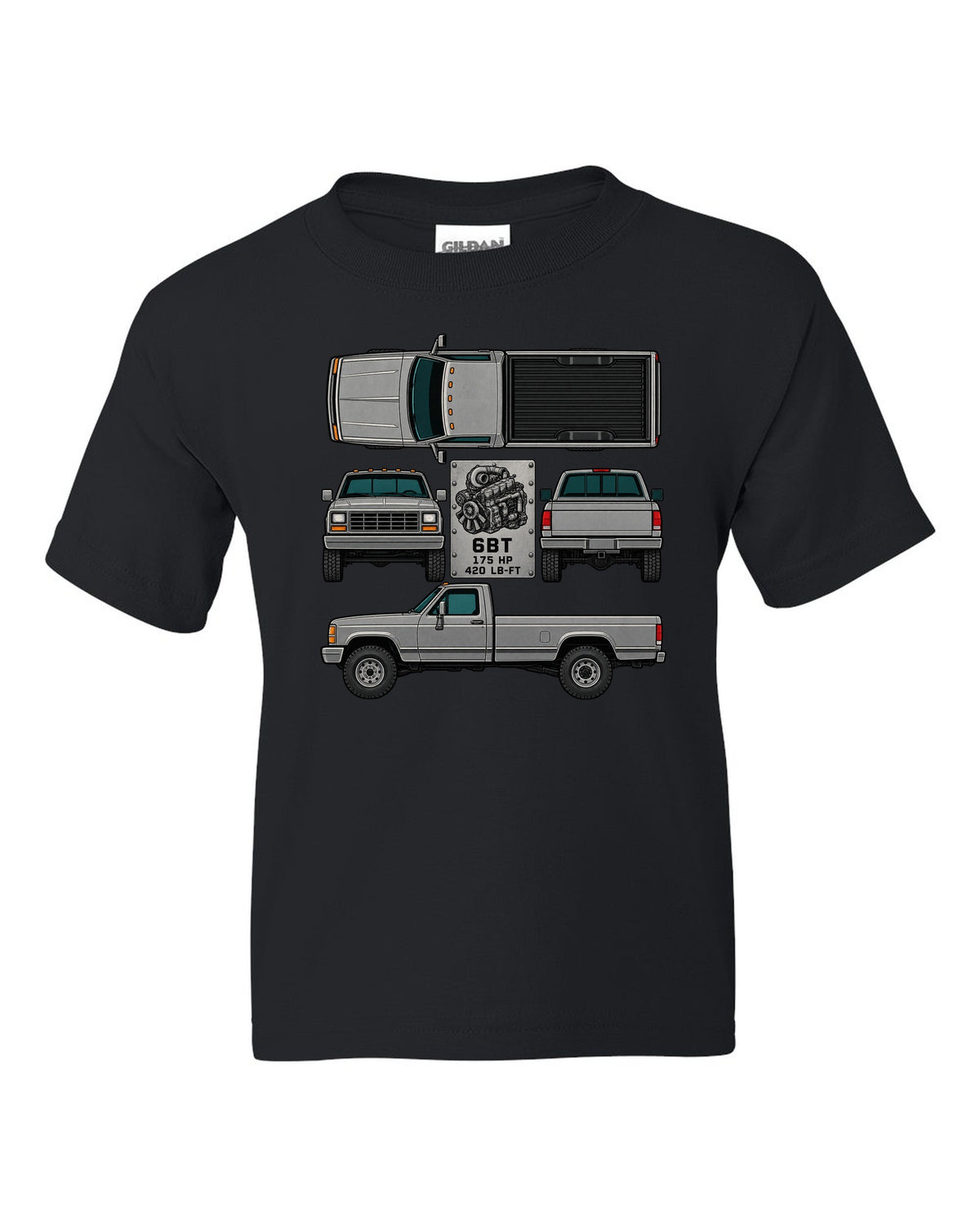 Spec-sheet data plate print of a Dodge Ram D250 6BT Cummins with horsepower and torque black kids tee front view with the design