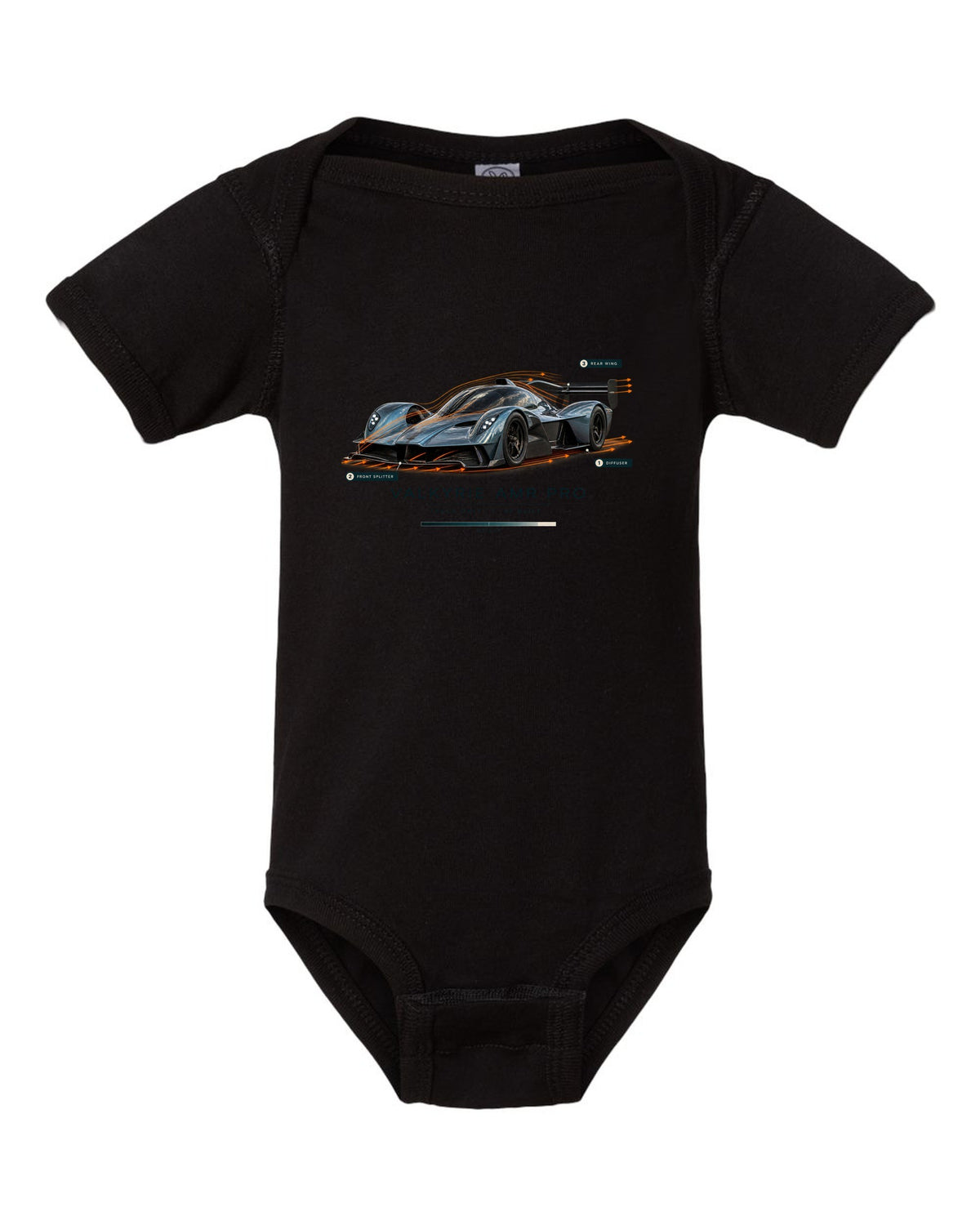 Aston Martin Valkyrie AMR Pro 2022 airflow cutaway print with track only 40 built text black baby onesie front view with the design