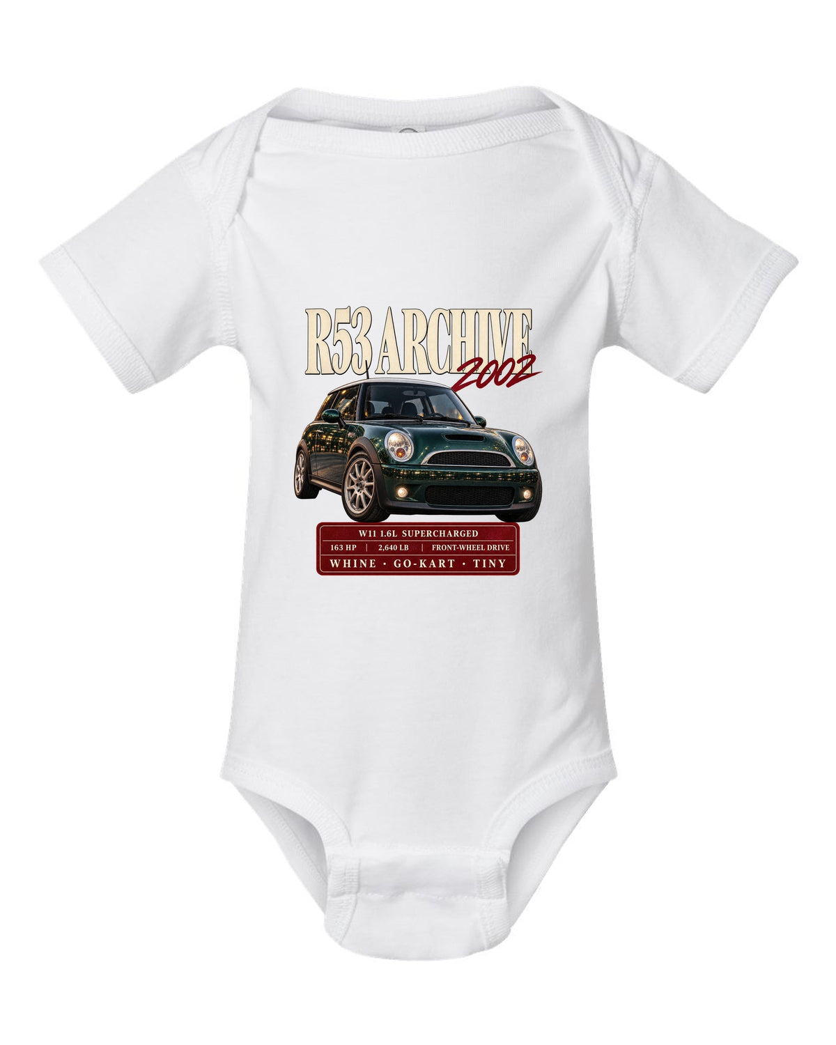 Mini Cooper S R53 archive panel with W11 supercharged engine specs white baby onesie front view with the design