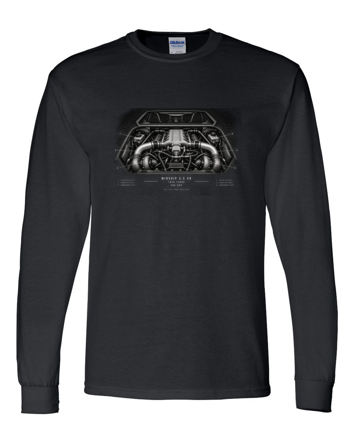 Engine hero print of a 1996 Lotus Esprit V8 with twin-turbo midship 3.5 V8 text black long sleeve front view with the design