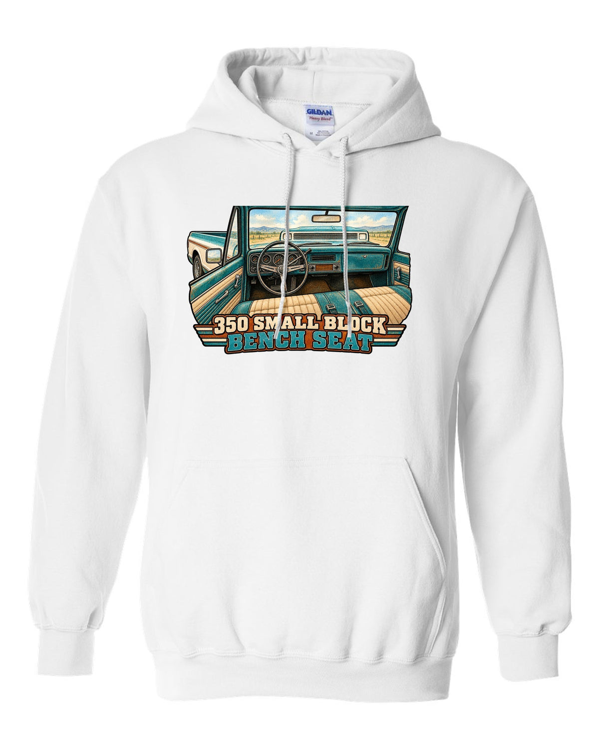 Watercolour wash print of a 1971 Chevrolet C10 Cheyenne with 350 Small Block and Bench Seat text white pull over hoodie front view with the design