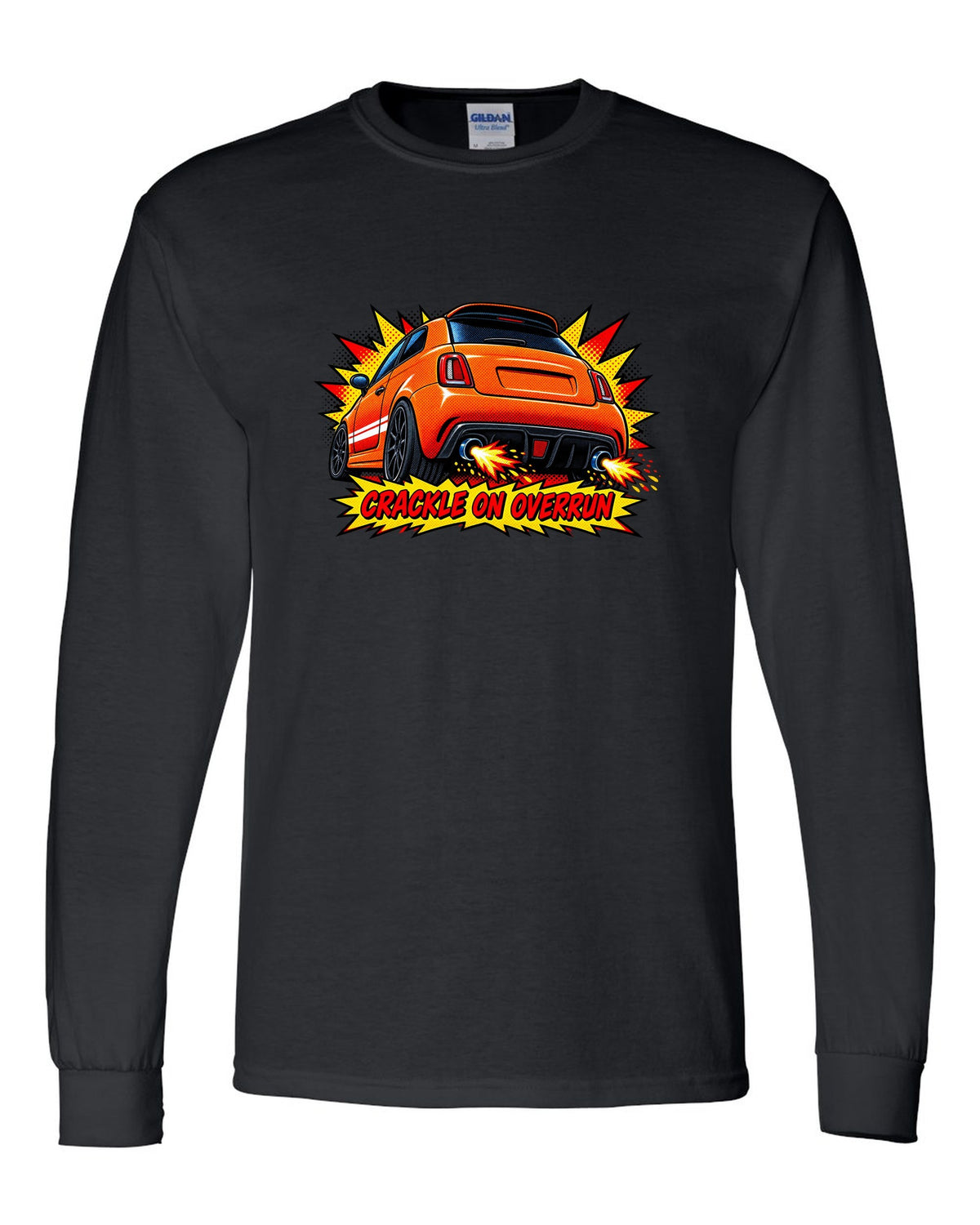 Comic halftone art of a Fiat 500 Abarth with crackle on overrun lettering black long sleeve front view with the design