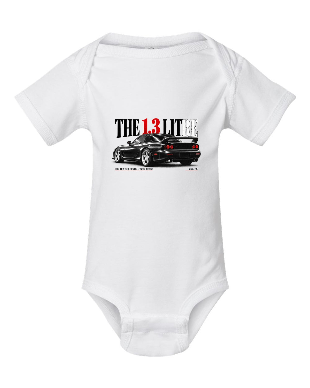 Editorial headline print for the 1992 Mazda RX-7 FD3S with 13B-REW sequential twin turbo and 255 PS white baby onesie front view with the design