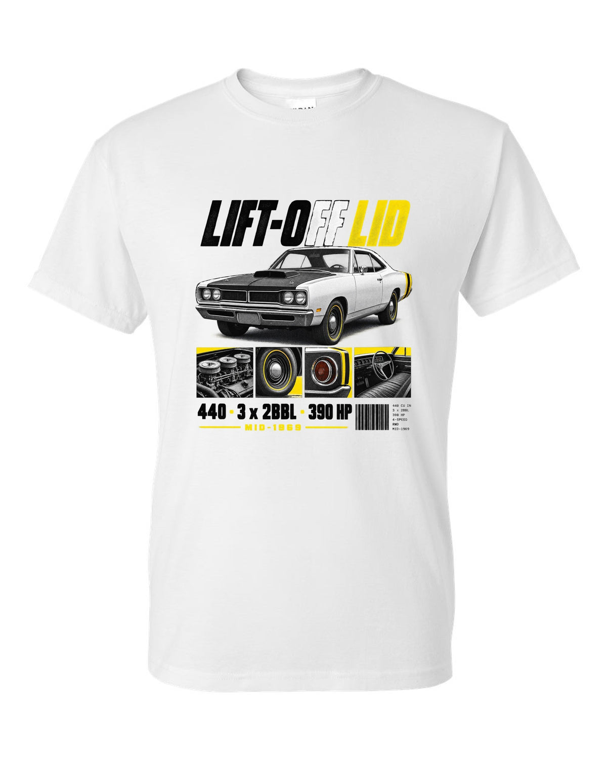 1969 Dodge Coronet Super Bee A12 dossier panel print with lift-off lid and 440 lettering white t-shirt front view with the design