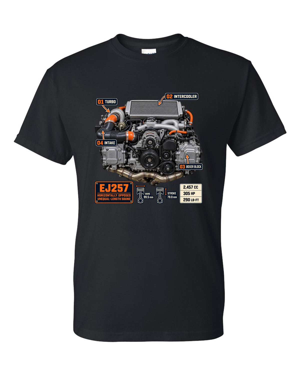 Poster-style print of a Subaru EJ257 boxer engine from the WRX STI VA with technical callouts black t-shirt front view with the design