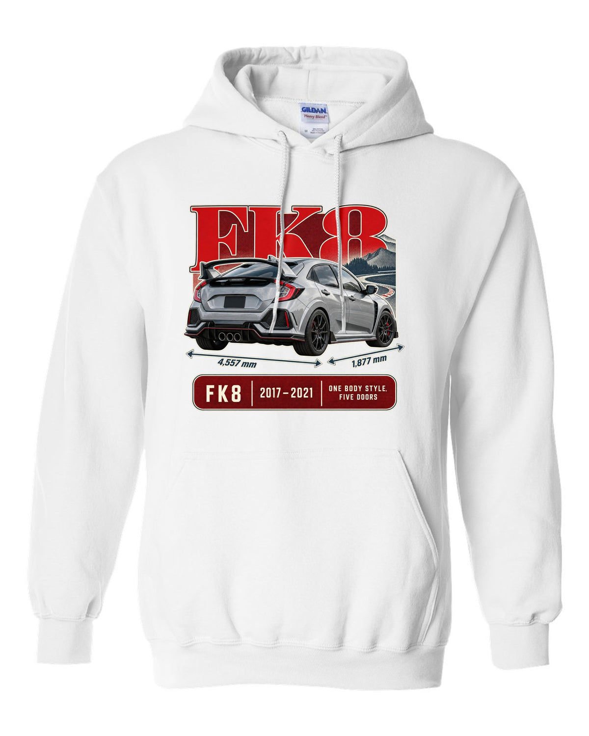 print archive panel of a silver-grey Honda Civic Type R FK8 white pull over hoodie front view with the design