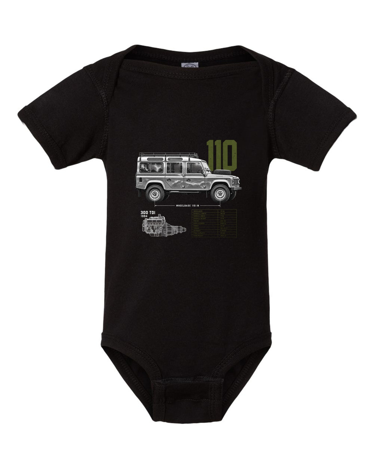 Land Rover Defender 110 spec poster print with 300 Tdi 1994 text black baby onesie front view with the design