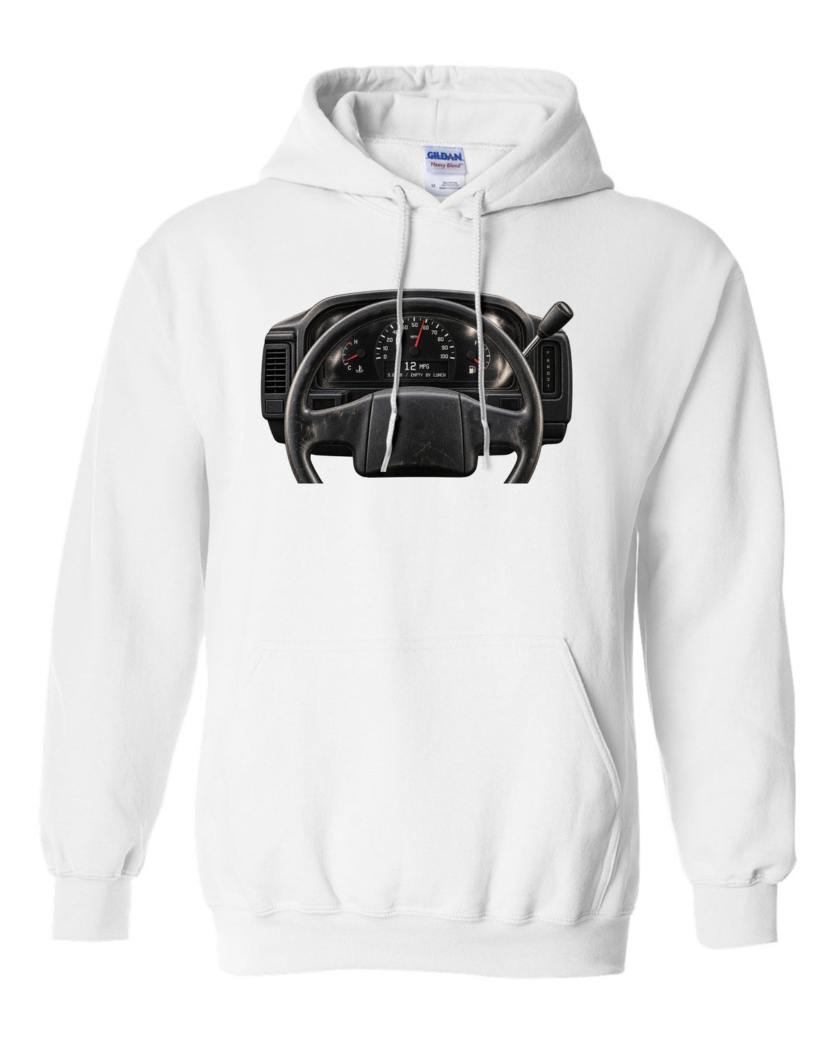 Gauge cluster print of a 1992-96 Ford Bronco OBS with 5.8 V8 and 12 MPG text white pull over hoodie front view with the design
