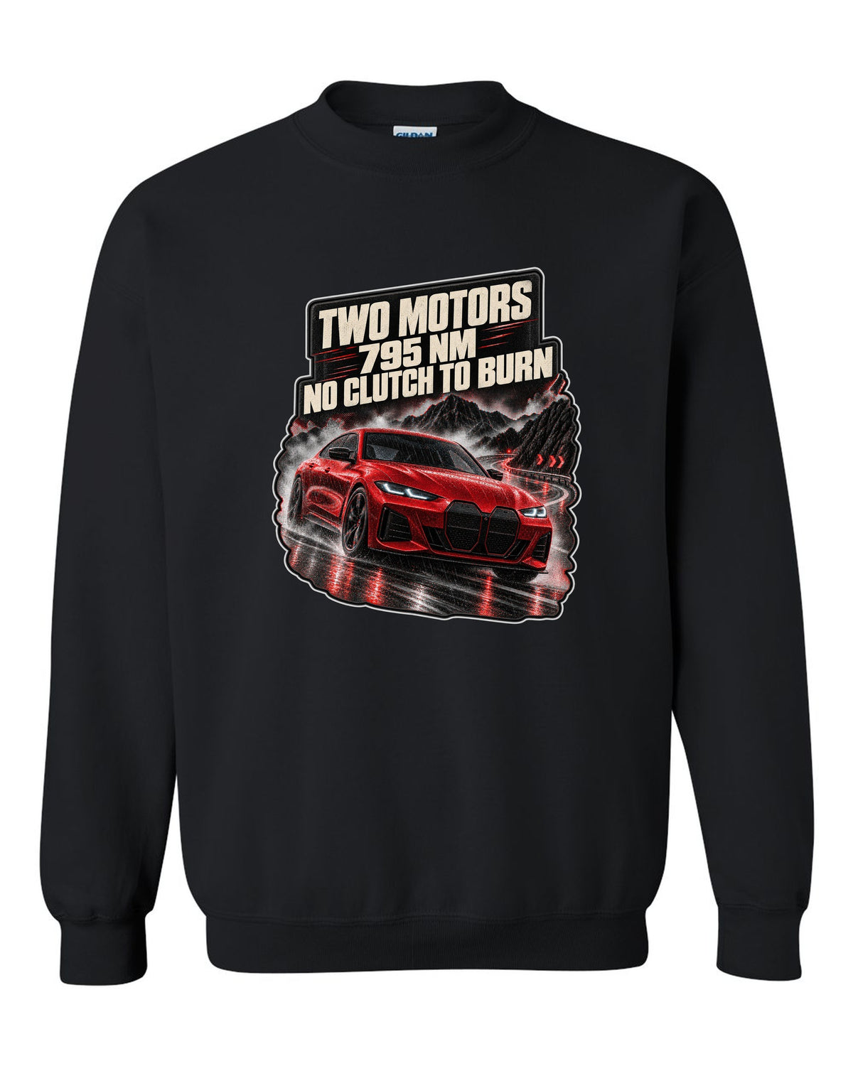 Night touge road print of a BMW i4 M50 G26 with two motors and 795 Nm black crewneck front view with the design