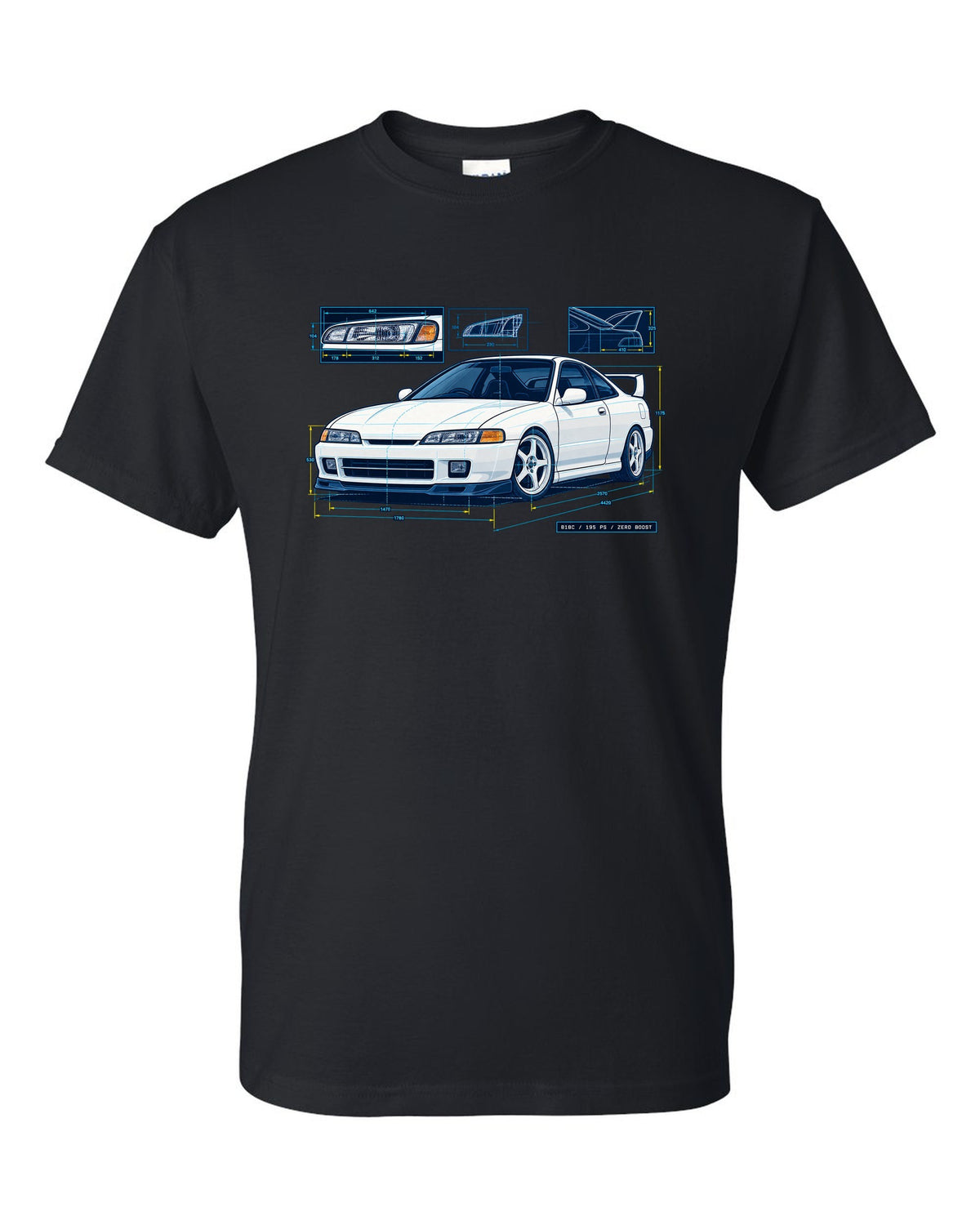 Blueprint line art of a 1995 Honda Integra DC2 headlight with B18C 195 PS Zero Boost lettering black t-shirt front view with the design