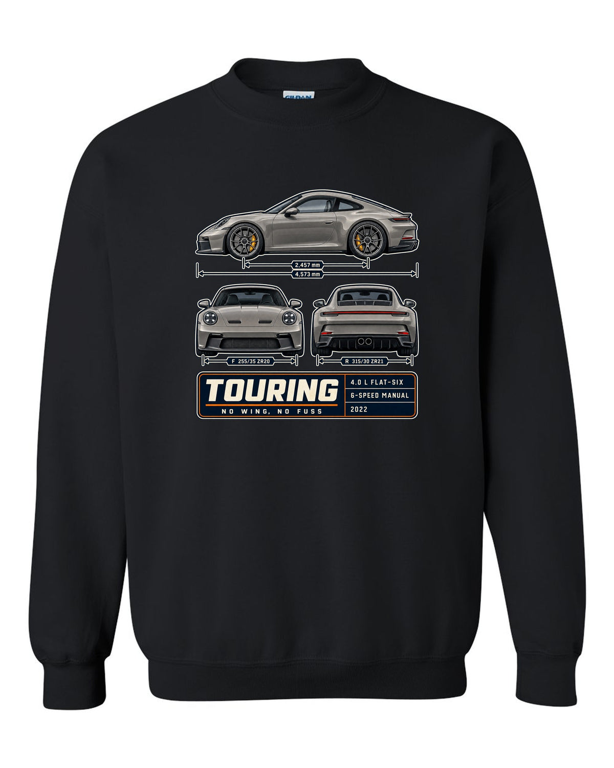 Porsche 992 GT3 Touring three-view spec table print design black crewneck front view with the design