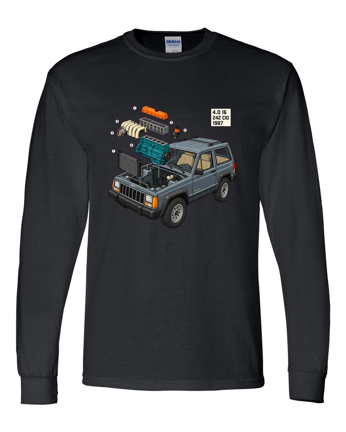 Isometric exploded diagram of a Jeep Cherokee XJ 4.0 inline six engine bay black long sleeve front view with the design