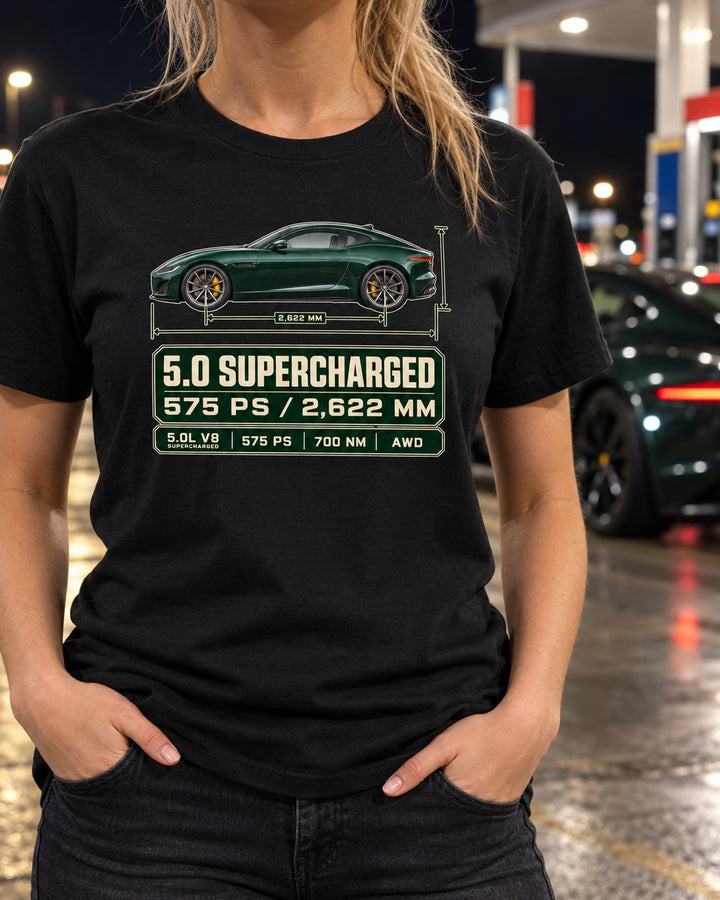 Jaguar F-Type R Coupe Spec Poster Shirt, Supercharged V8 T-Shirt Black worn hero